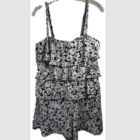A Shore Fit Swim Dress 14 Black white floral tiered modest one piece panel - Picture 1 of 9